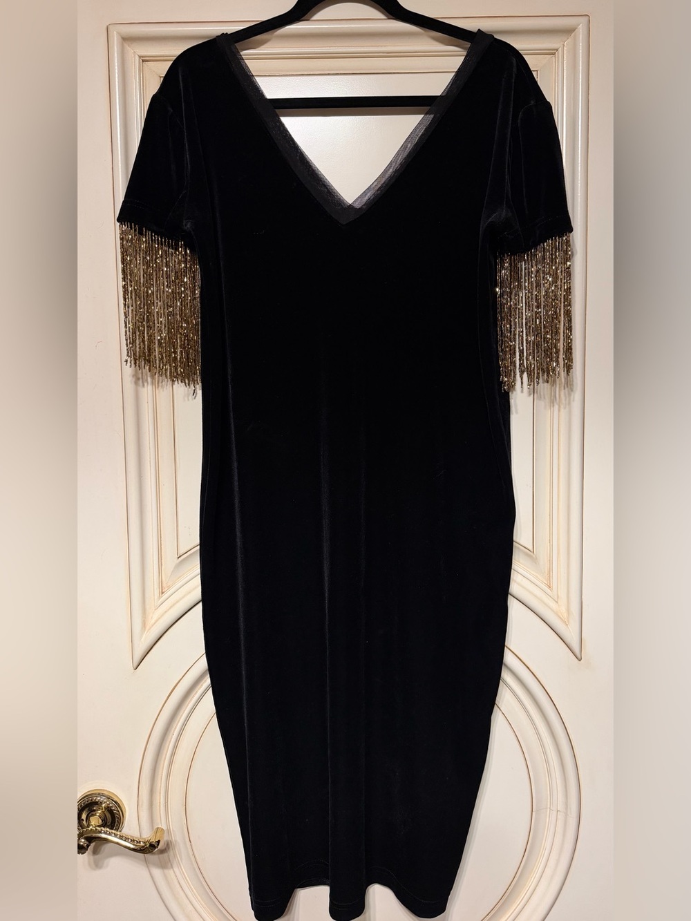 Black Velvet Midi Dress with Gold Fringe Sleeves